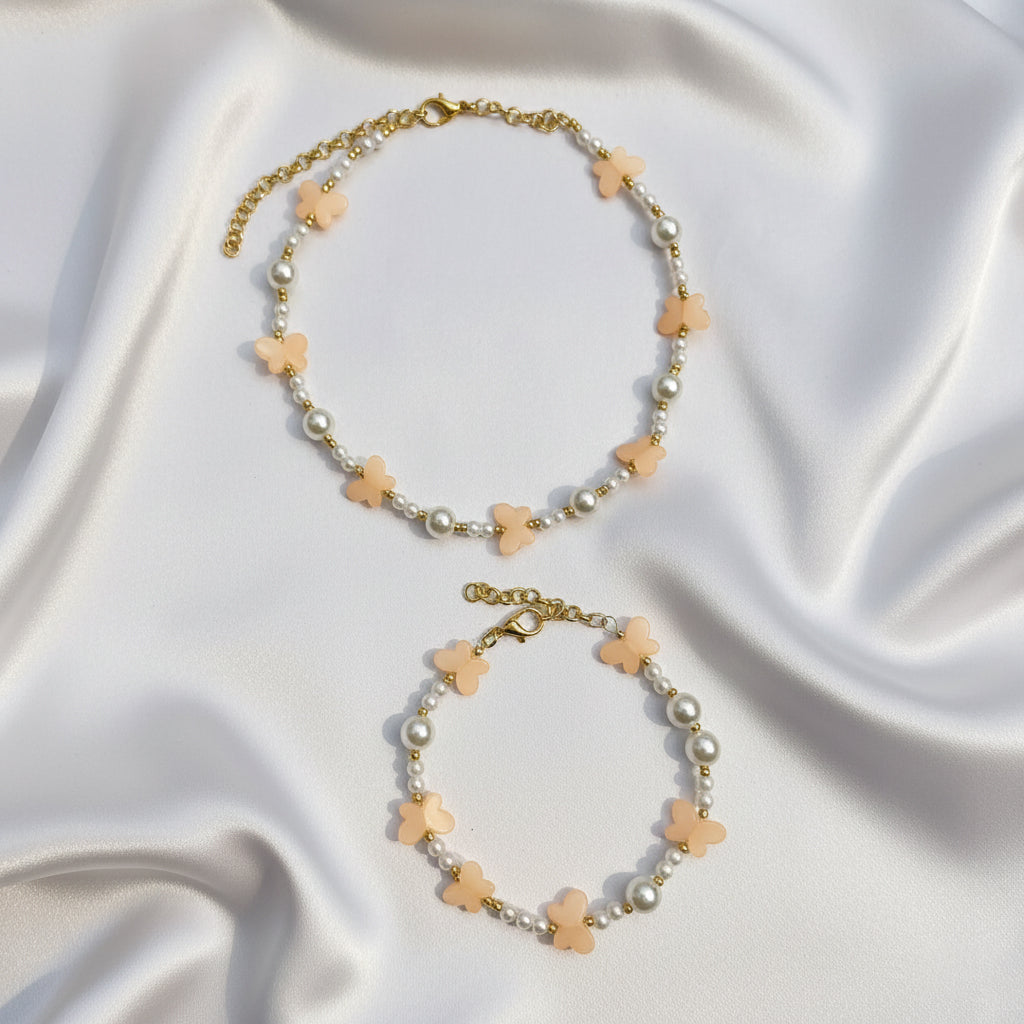 Aesthetic Butterfly Charm Set | Handmade Pearl Choker & Bracelet Combo | Pastel Bead Jewelry with Anti-Tarnish Chain