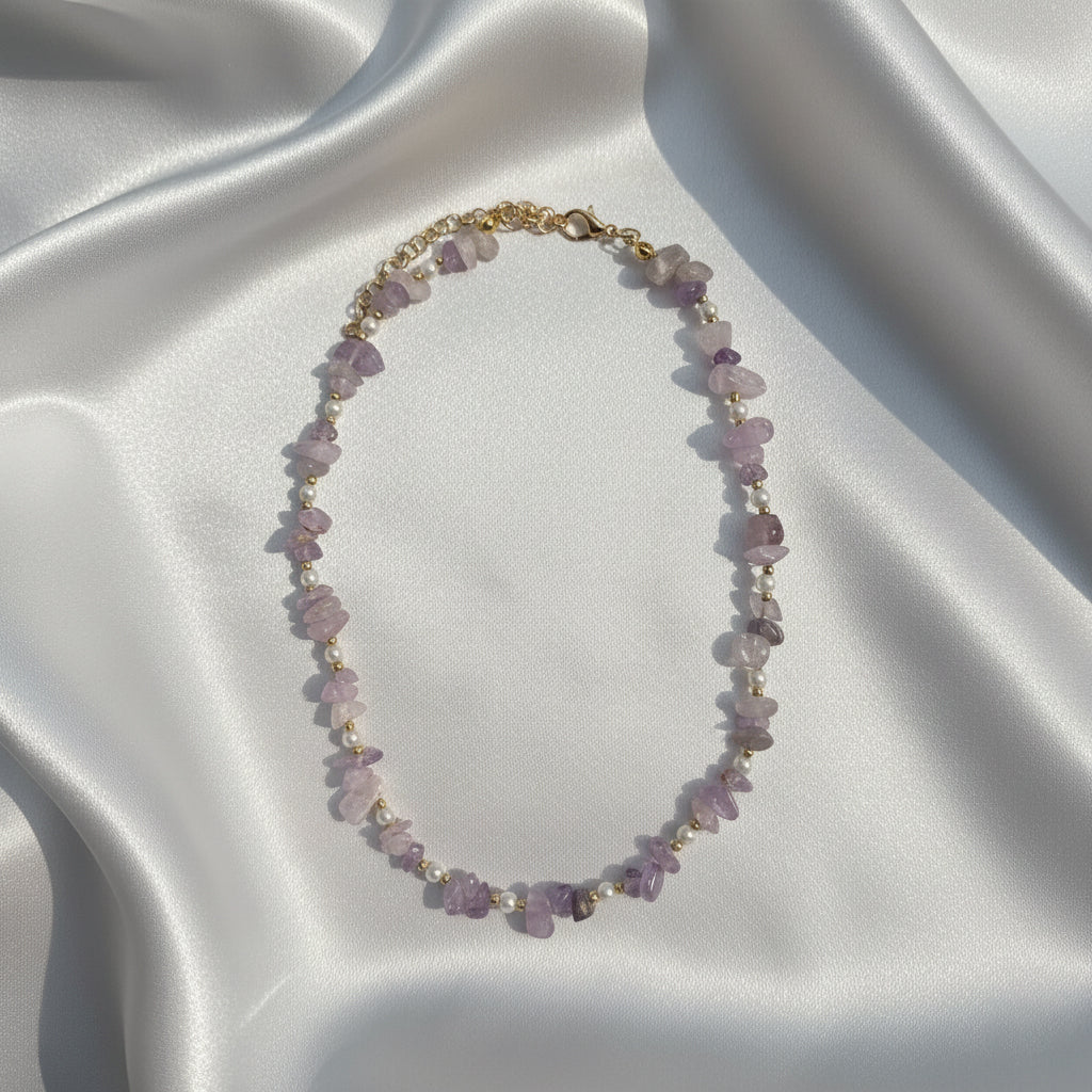Saraura Purple Stone Chip & Pearl Aesthetic Anti-Tarnish Necklace