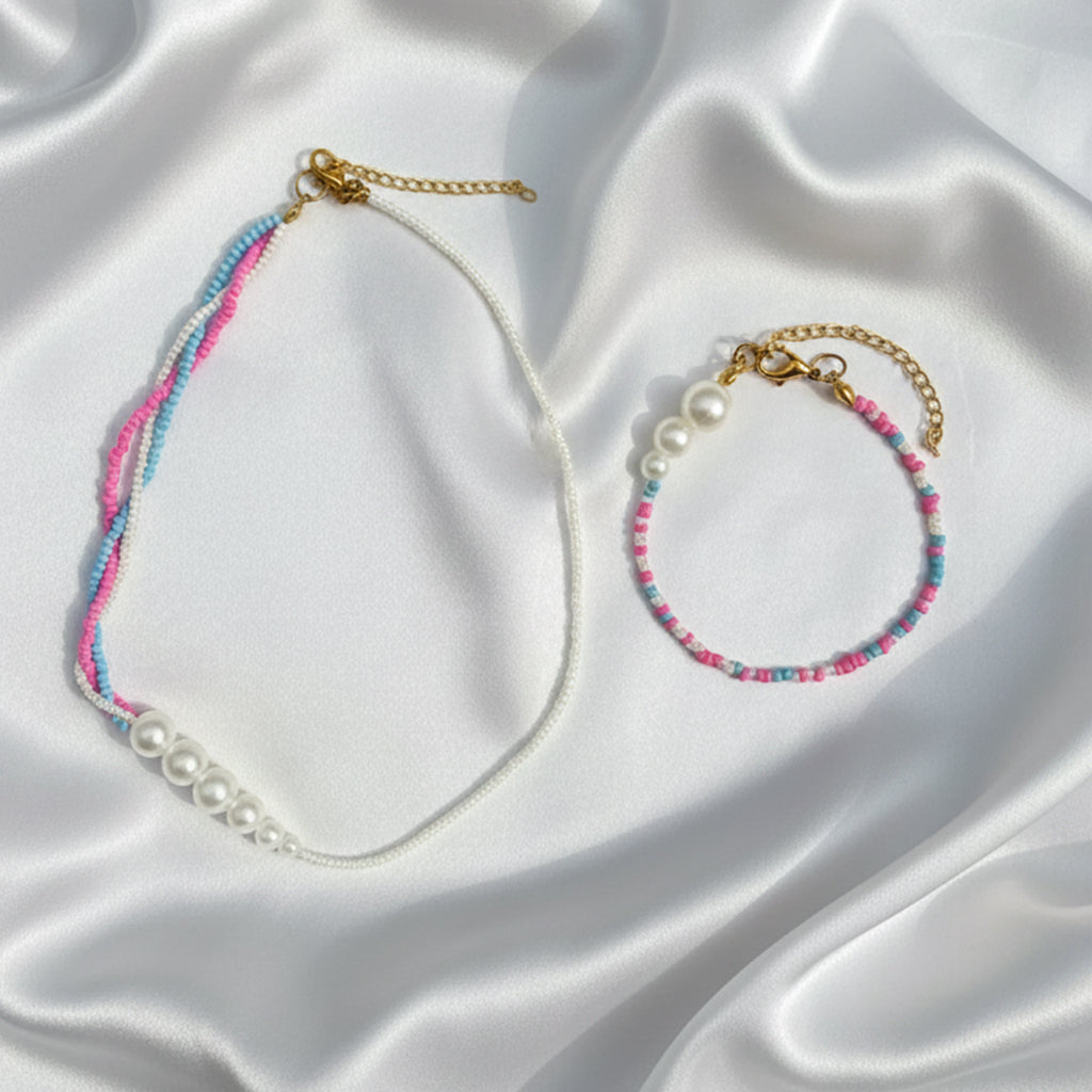 Aesthetic Pink & Blue Beads Jewellery Set | Boho Beaded Necklace & Bracelet