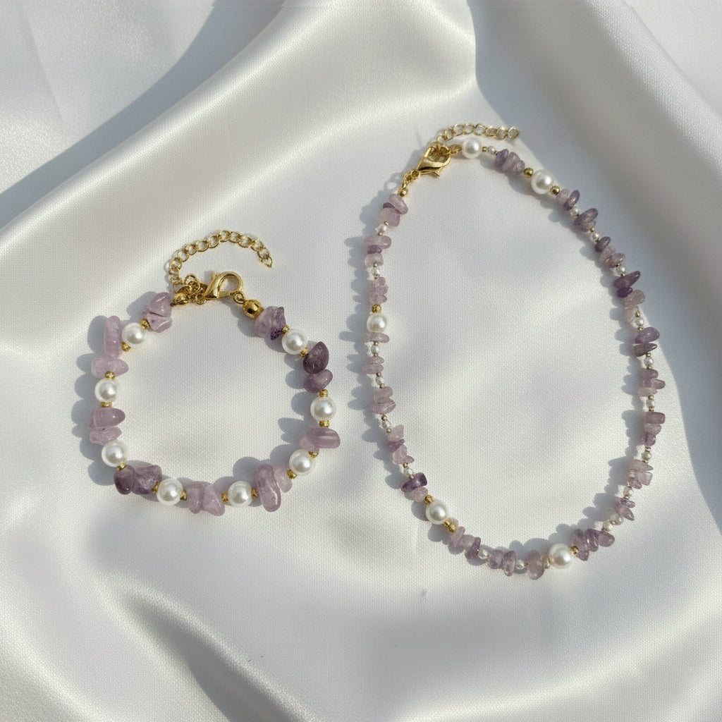 Saraura Purple Stone Chip & Pearl Anti-Tarnish Necklace and Bracelet Set