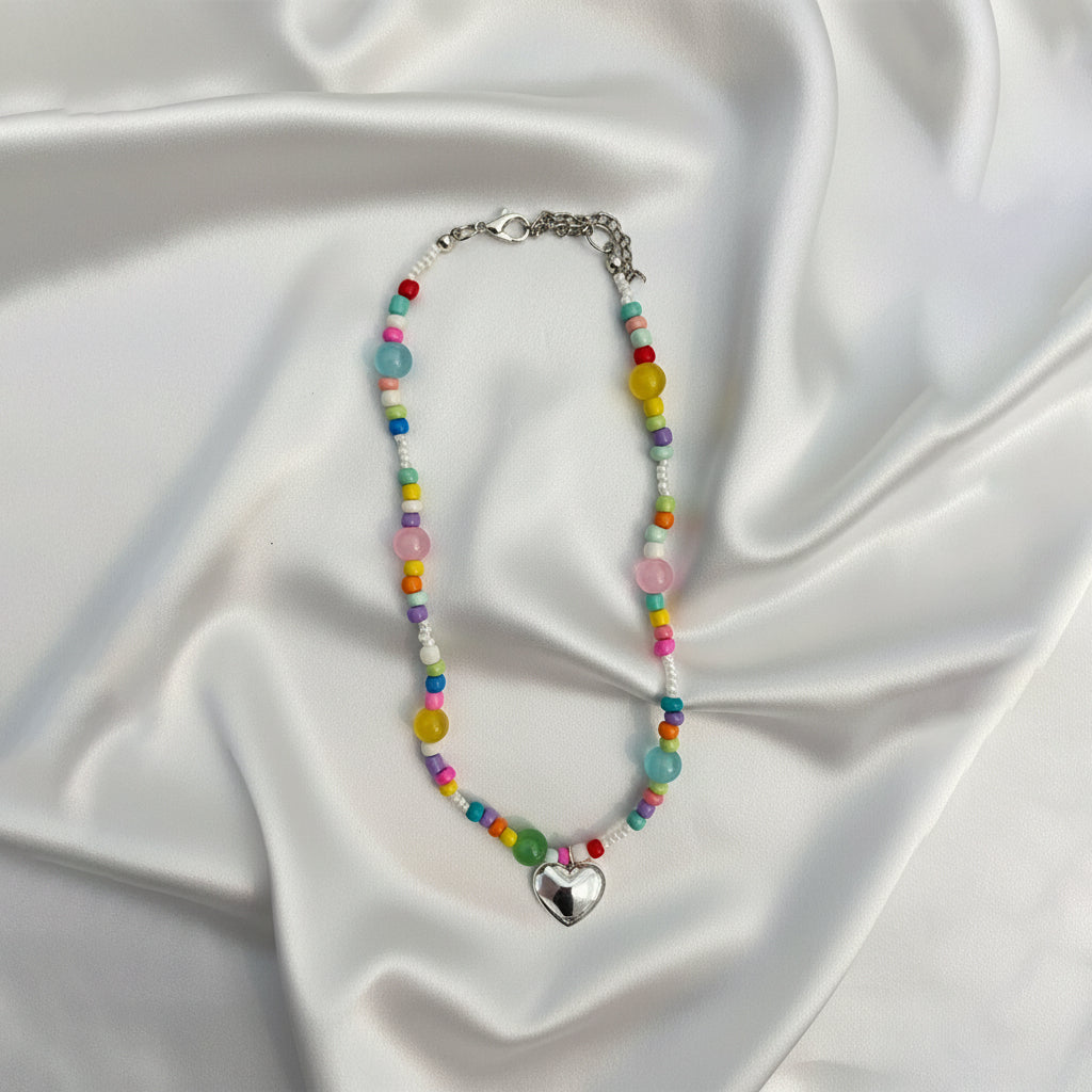 Saraura Colourful Beaded Necklace with Heart Charm for Kids