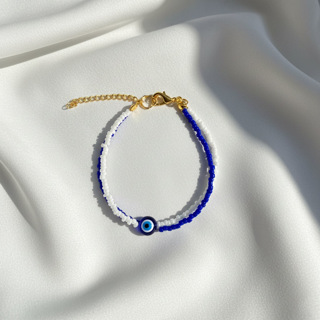 Handmade Evil Eye Beaded Bracelet | Aesthetic Beads Jewellery | Women Blue & White Charm Bracelet with Anti-Tarnish Chain