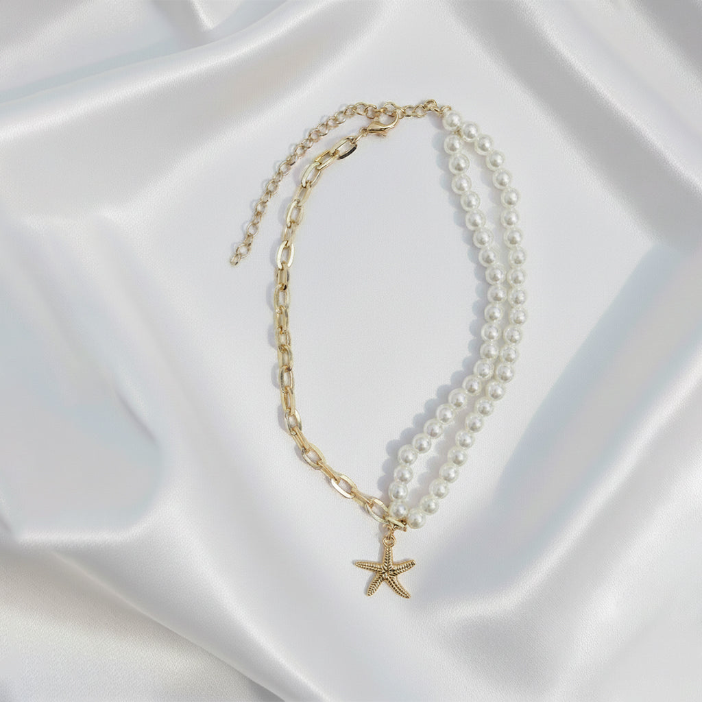 Saraura Modern Starfish Charm Pearl & Anti-Tarnish Link Chain Necklace
