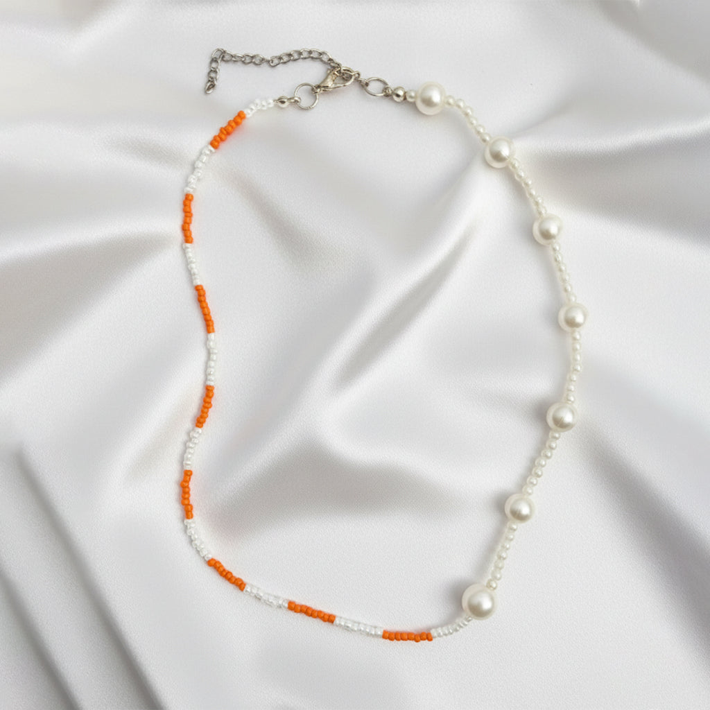 Orange & White Handmade Seed Bead Choker with Pearl & Anti-Tarnish Extension Chain | Aesthetic Beads Jewellery