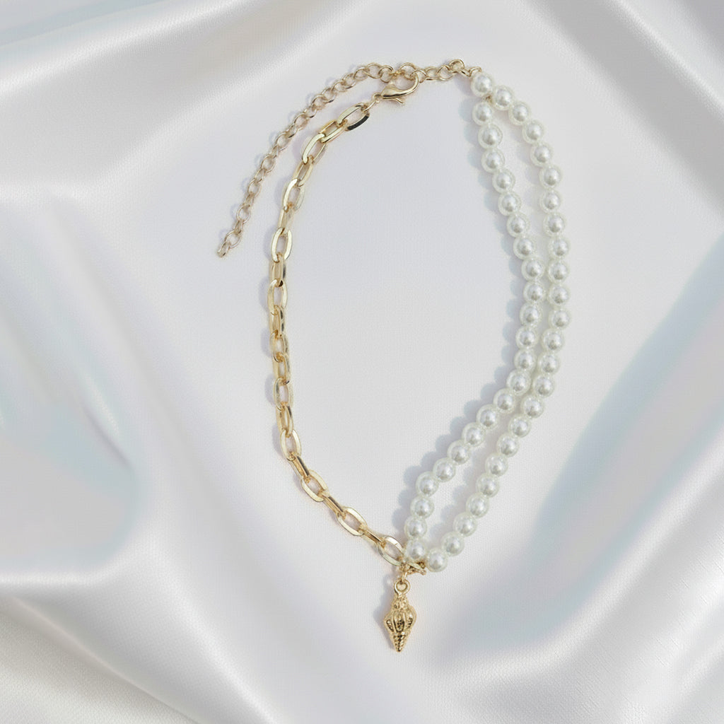 Saraura Modern Seashell Charm Anti-Tarnish Link Chain Pearl Necklace