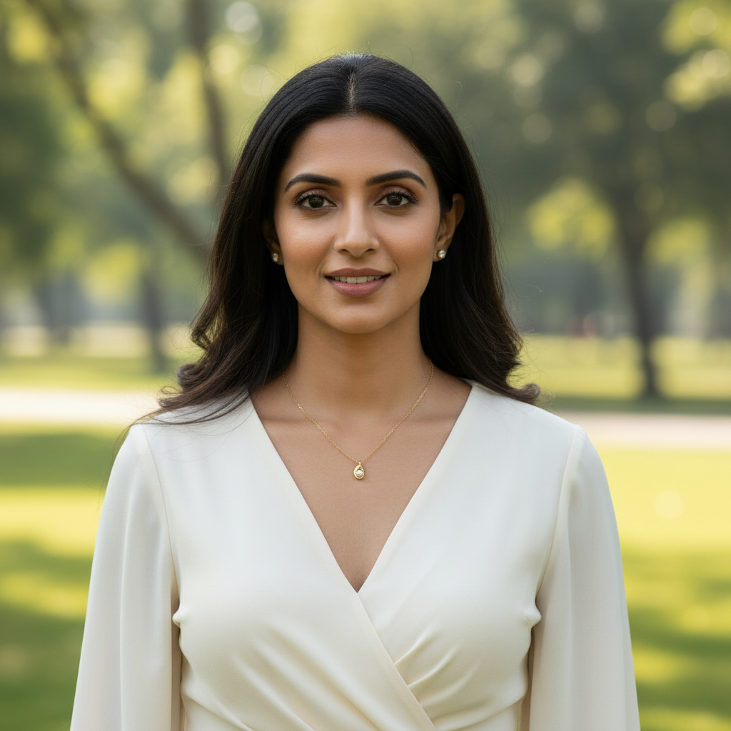 Woman in a white dress standing in a park wearing elegant pearl pendant with greenery in the background