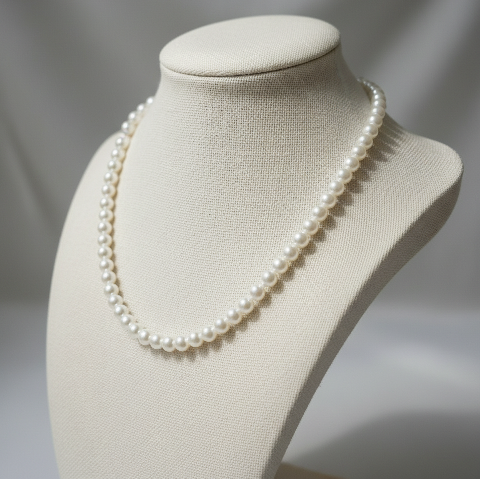 Pearl necklace on a mannequin bust against a neutral background