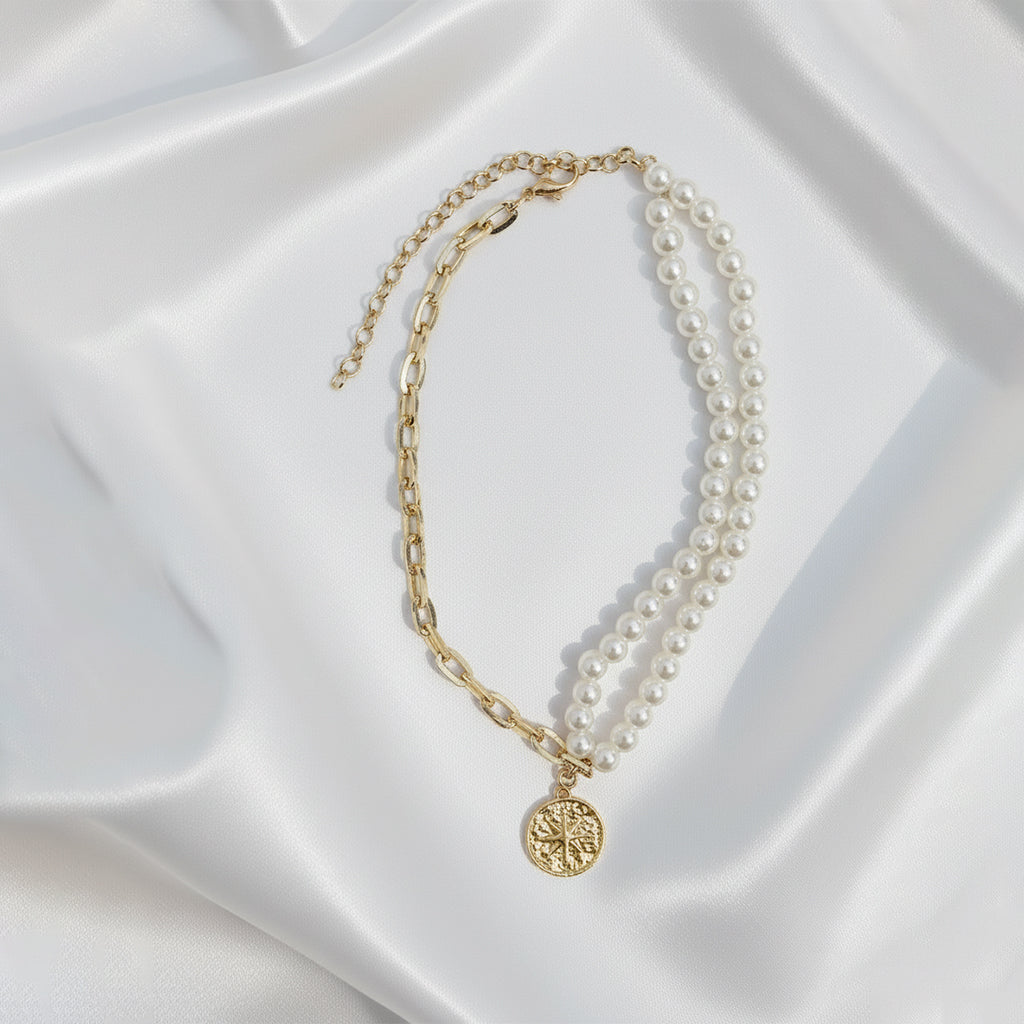 Saraura Modern Coin Charm Anti-Tarnish Link Chain Pearl Necklace