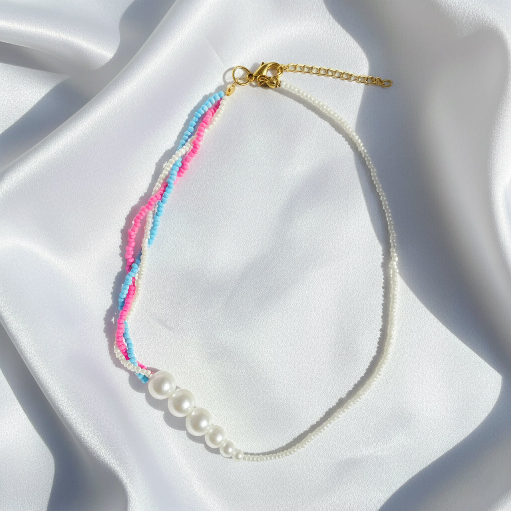 Two-tone Seed Bead Choker | Aesthetic Handmade Beaded Necklace for Women with Pearl & Anti-Tarnish Extension Chain