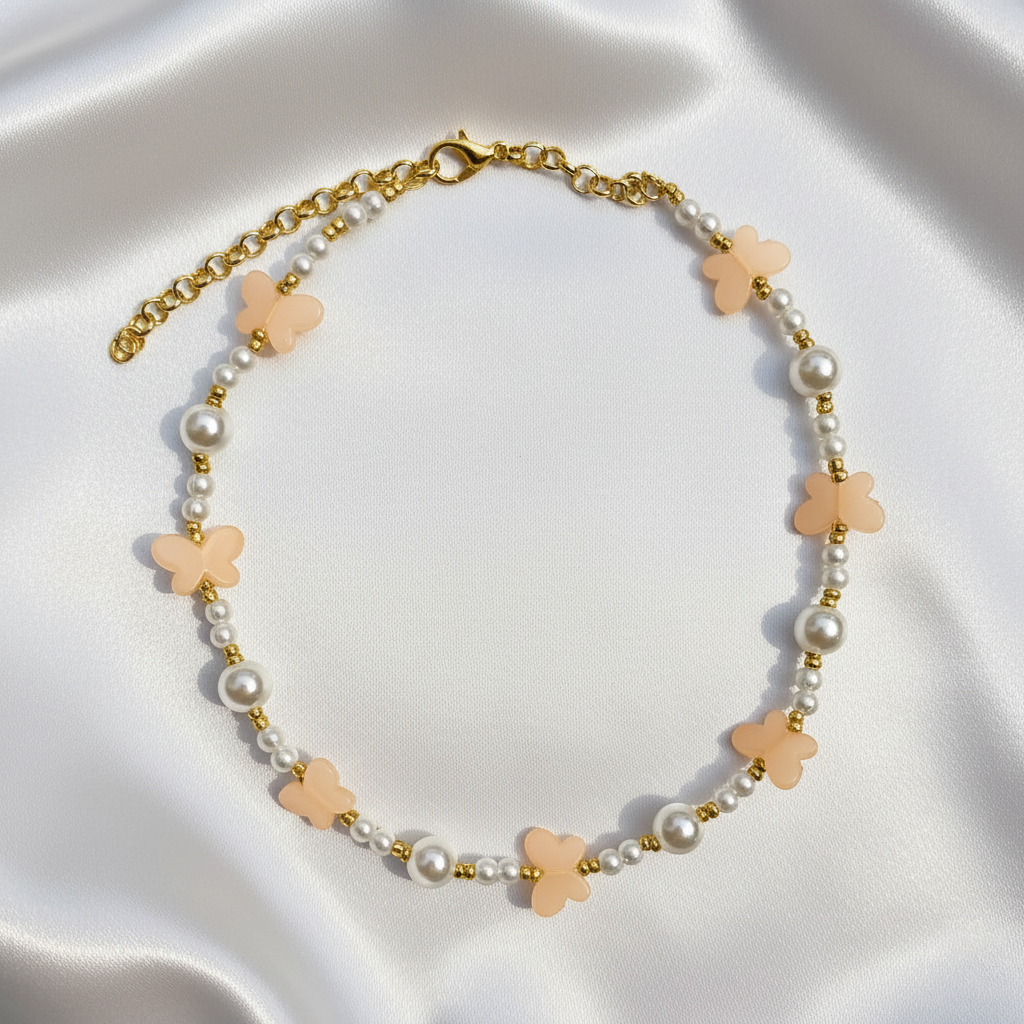 Butterfly Charm Choker | Aesthetic Handmade Pearl & Pastel Bead Necklace with Anti-Tarnish Chain | Ideal Gift