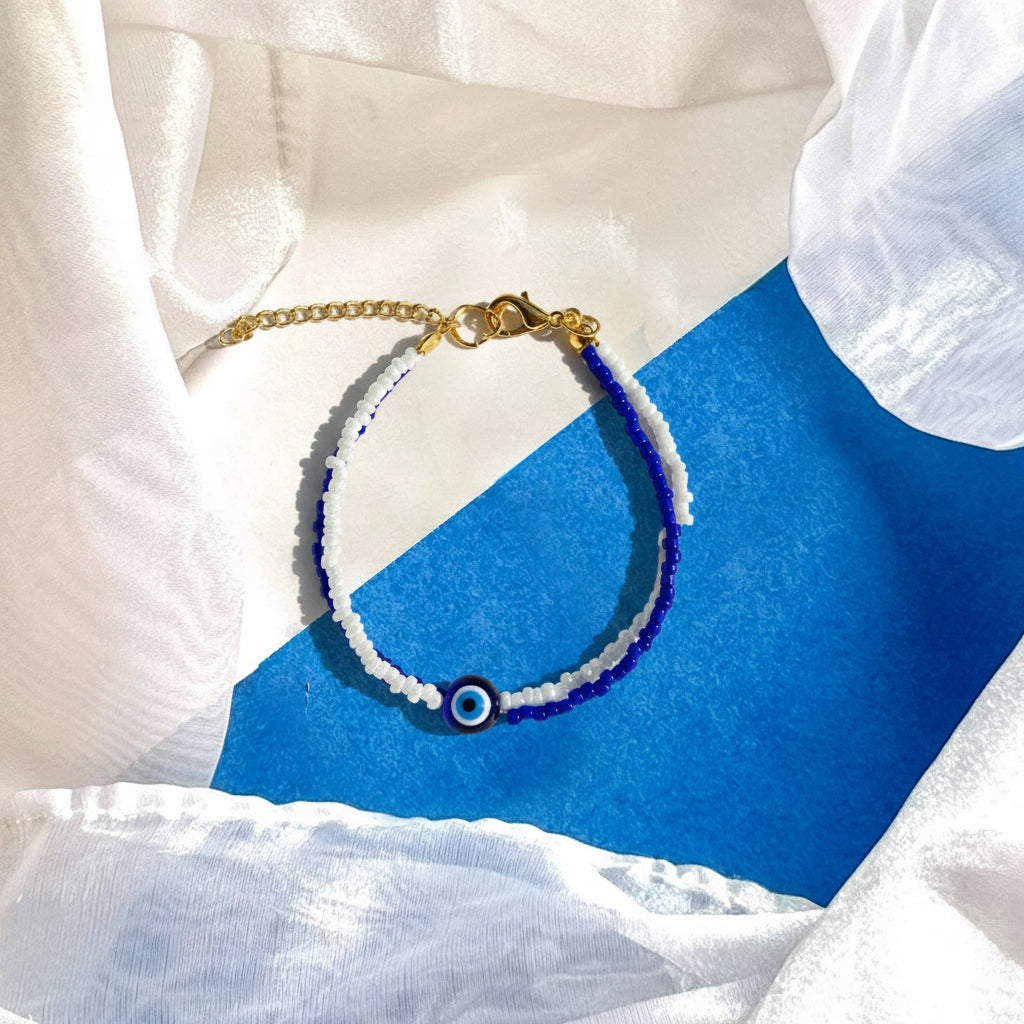 Handmade Evil Eye Beaded Bracelet | Aesthetic Beads Jewellery | Women Blue & White Charm Bracelet with Anti-Tarnish Chain