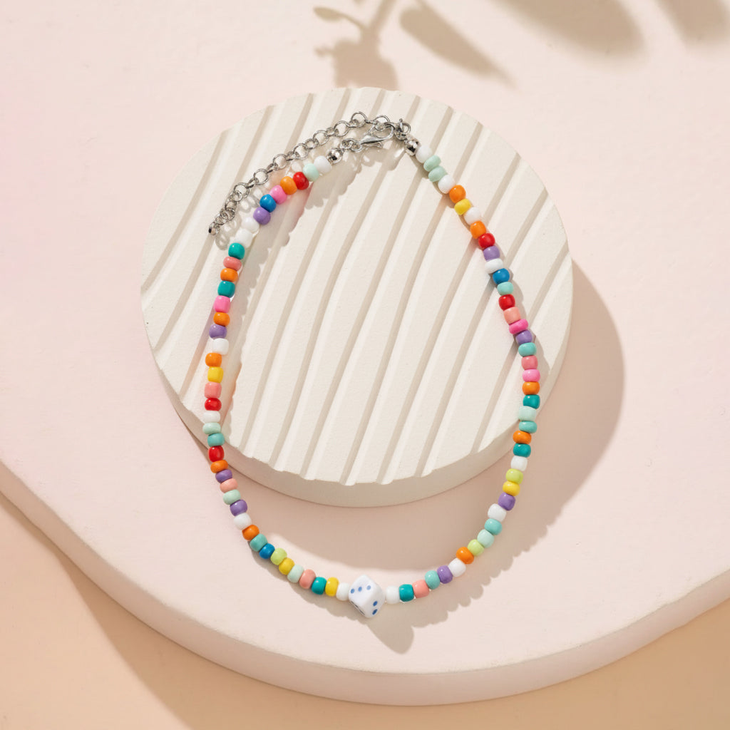 Saraura Colourful Beaded Necklace with Dice Charm