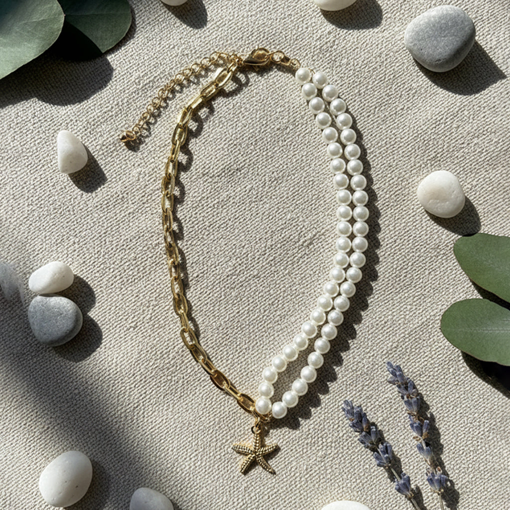 Saraura Modern Starfish Charm Pearl & Anti-Tarnish Link Chain Necklace