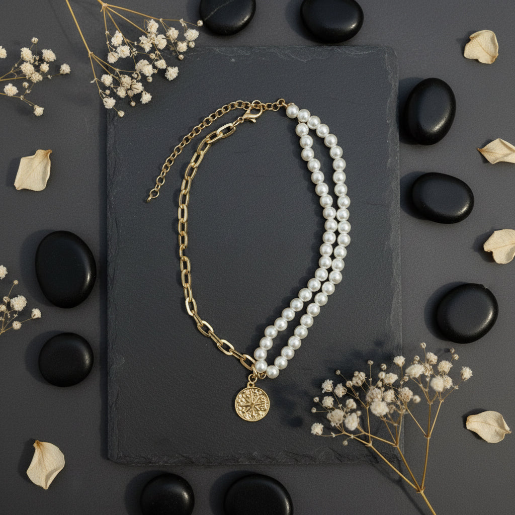 Saraura Modern Coin Charm Anti-Tarnish Link Chain Pearl Necklace