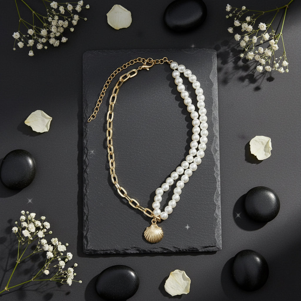 Saraura Shell Charm Pearl & Link Chain Necklace | Modern Choker