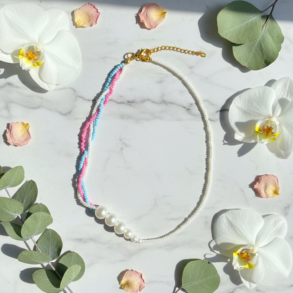 Two-tone Seed Bead Choker | Aesthetic Handmade Beaded Necklace for Women with Pearl & Anti-Tarnish Extension Chain