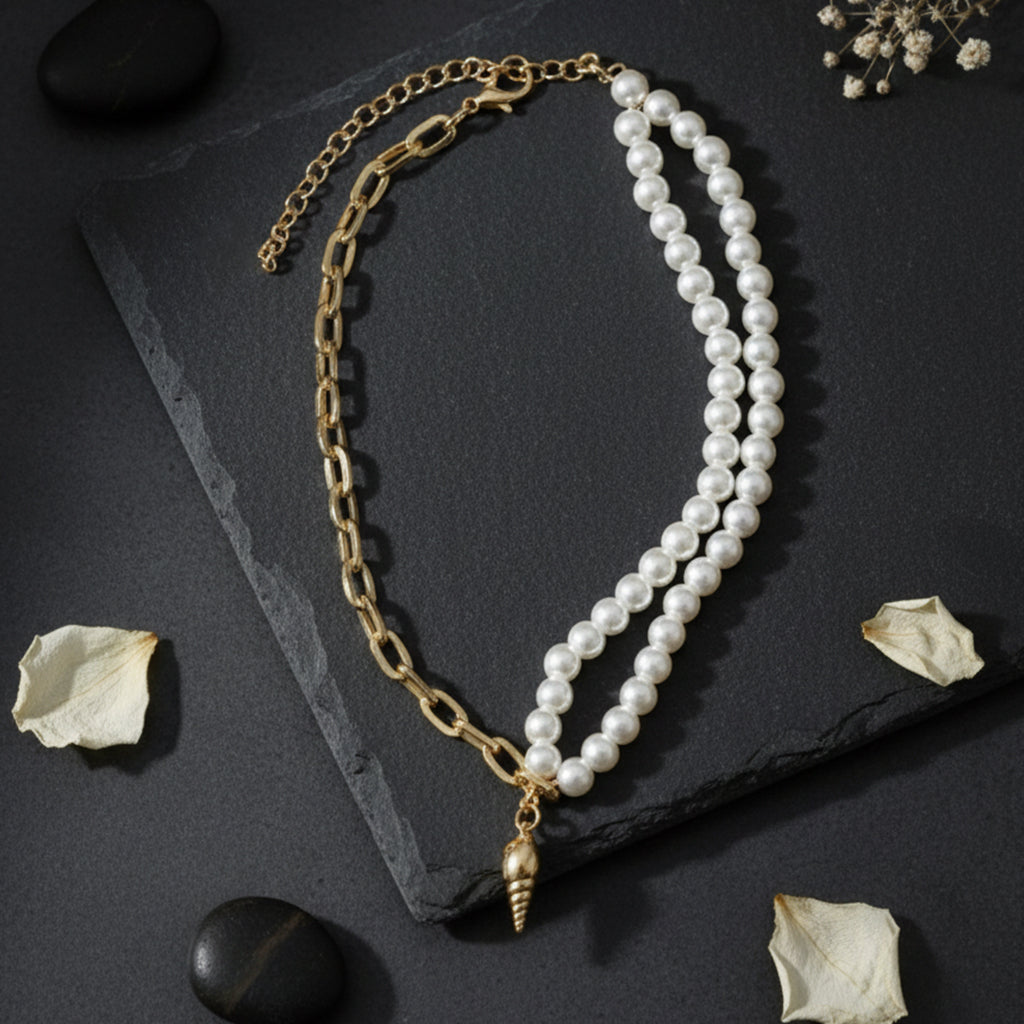 Saraura Modern Seashell Cone Charm Anti-Tarnish Link Chain Pearl Necklace