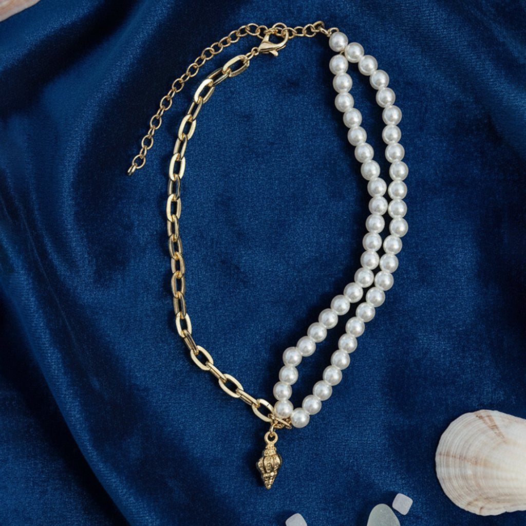Saraura Modern Seashell Charm Anti-Tarnish Link Chain Pearl Necklace