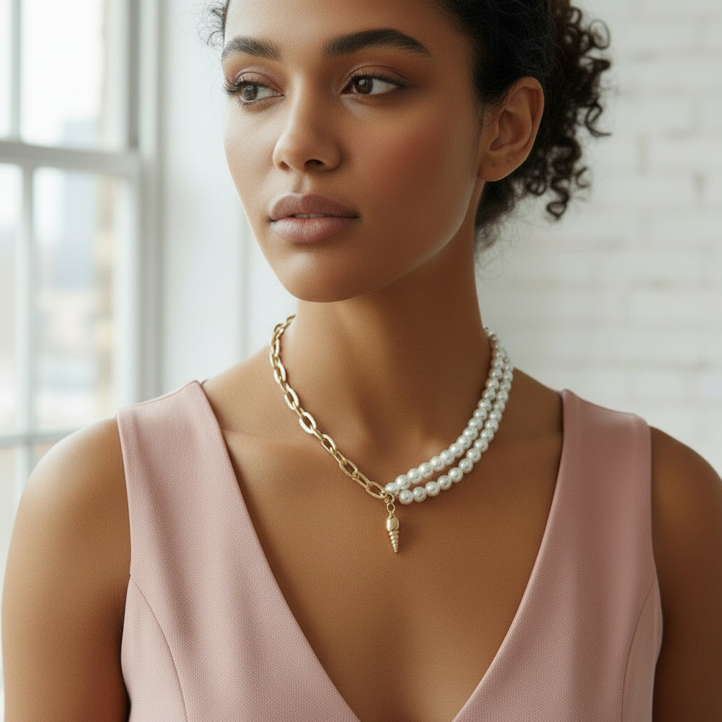 Saraura Modern Seashell Cone Charm Anti-Tarnish Link Chain Pearl Necklace