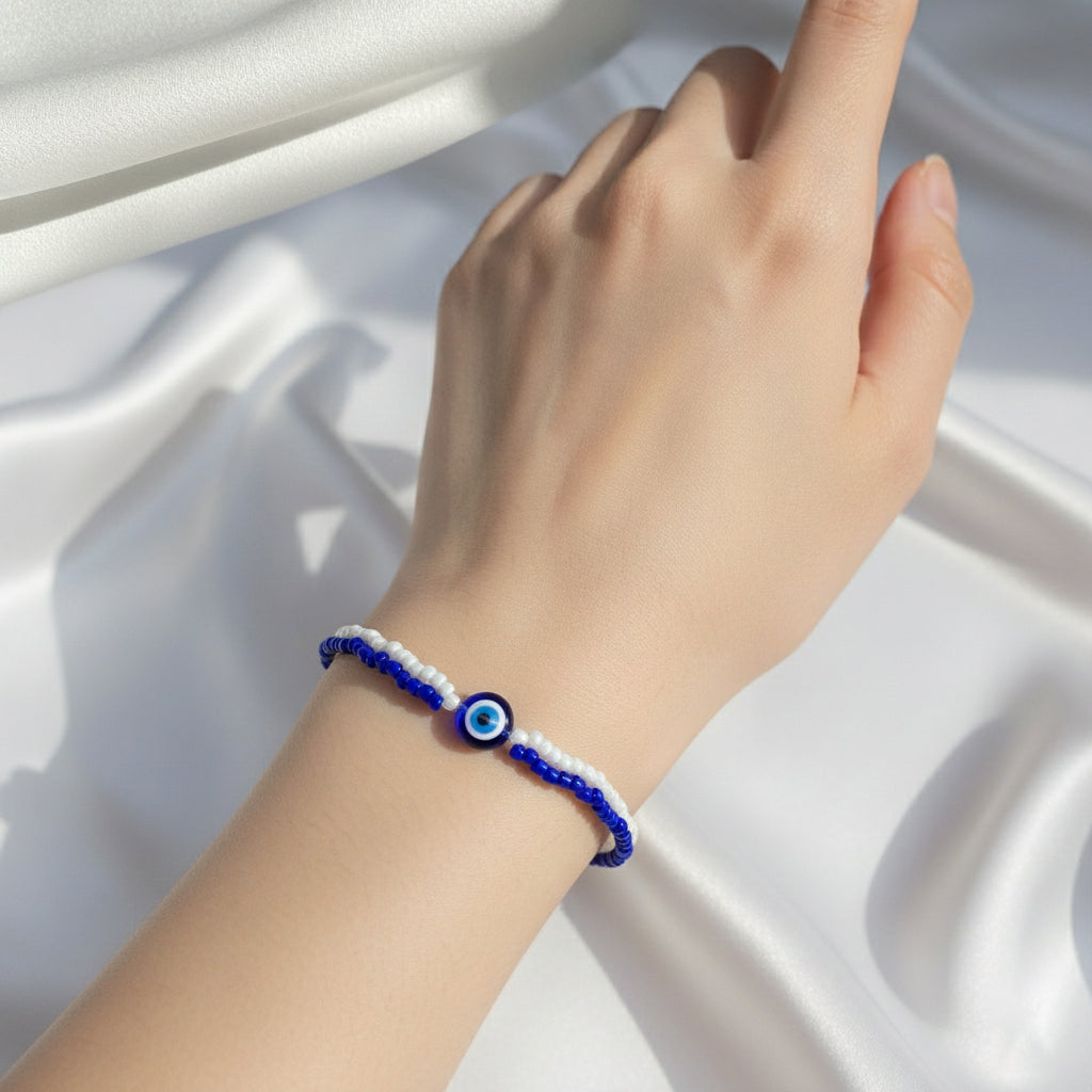 Handmade Evil Eye Beaded Bracelet | Aesthetic Beads Jewellery | Women Blue & White Charm Bracelet with Anti-Tarnish Chain