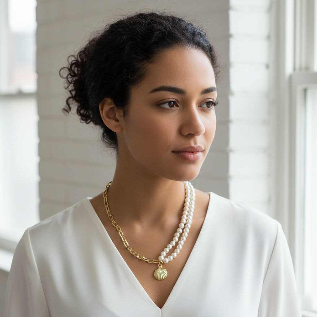 Saraura Shell Charm Pearl & Link Chain Necklace | Modern Choker