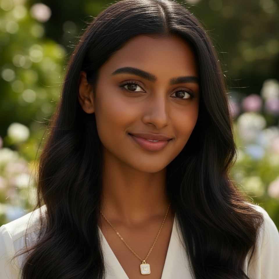 Woman with long dark hair wearing a white top and minimal necklace outdoors.