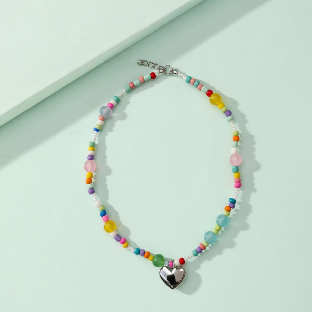Saraura Colourful Beaded Necklace with Heart Charm for Kids