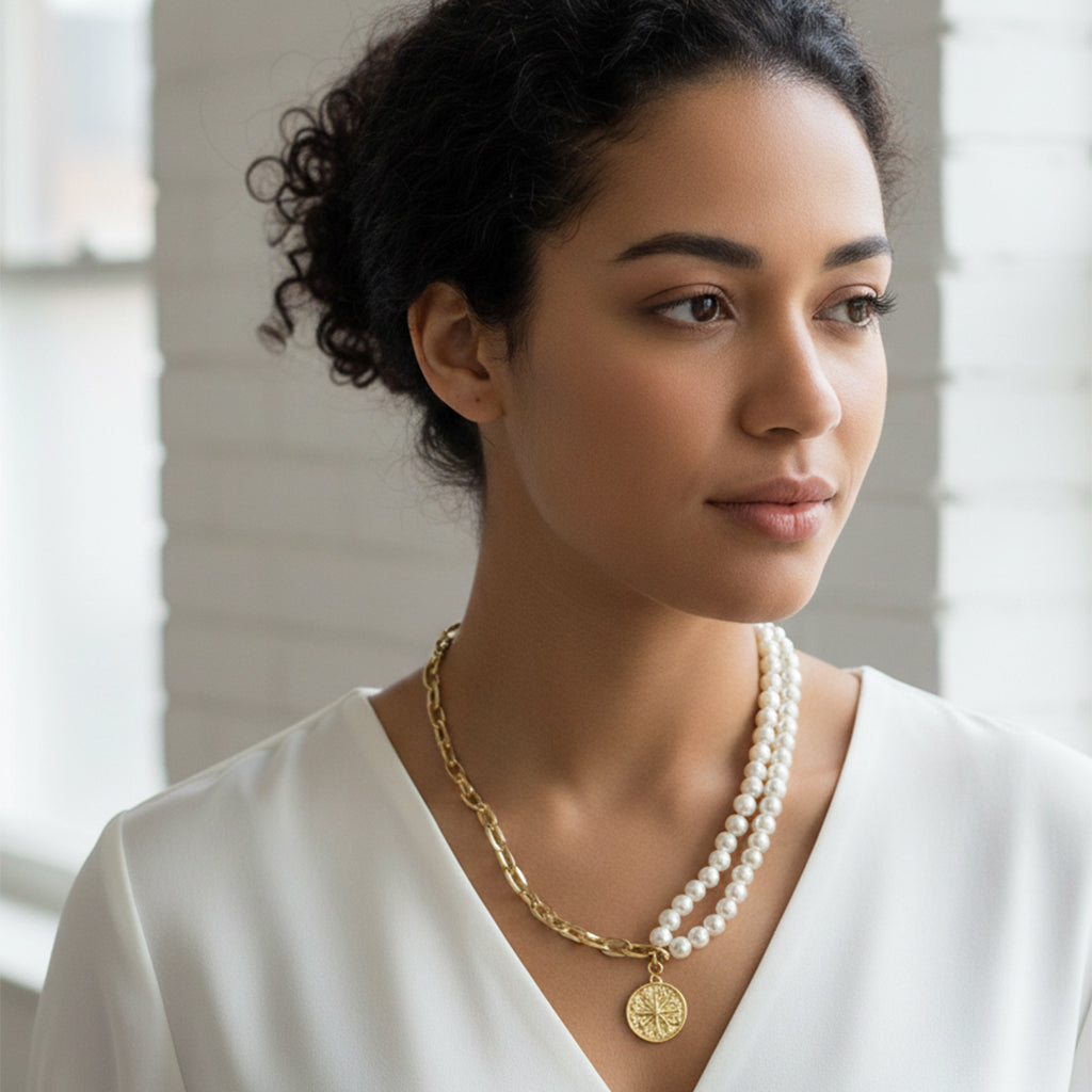 Saraura Modern Coin Charm Anti-Tarnish Link Chain Pearl Necklace