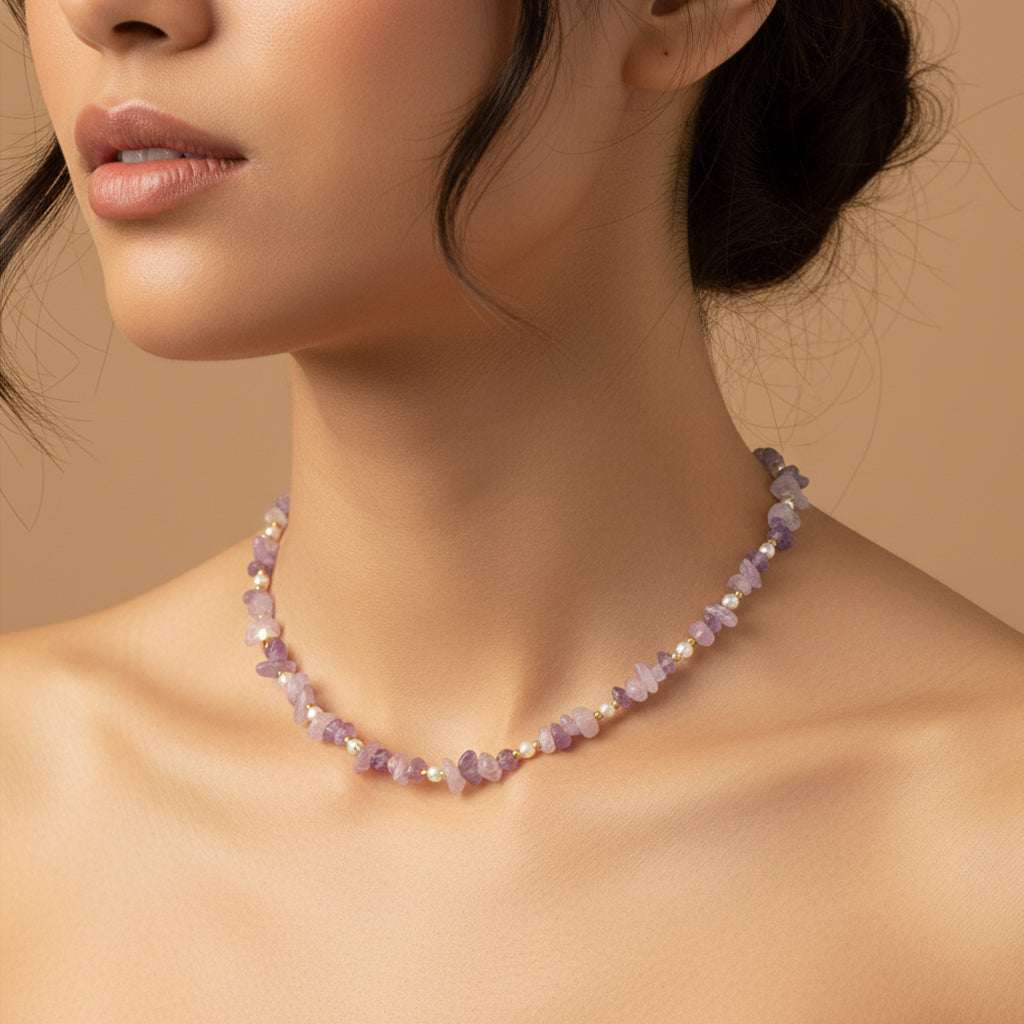 Saraura Purple Stone Chip & Pearl Aesthetic Anti-Tarnish Necklace