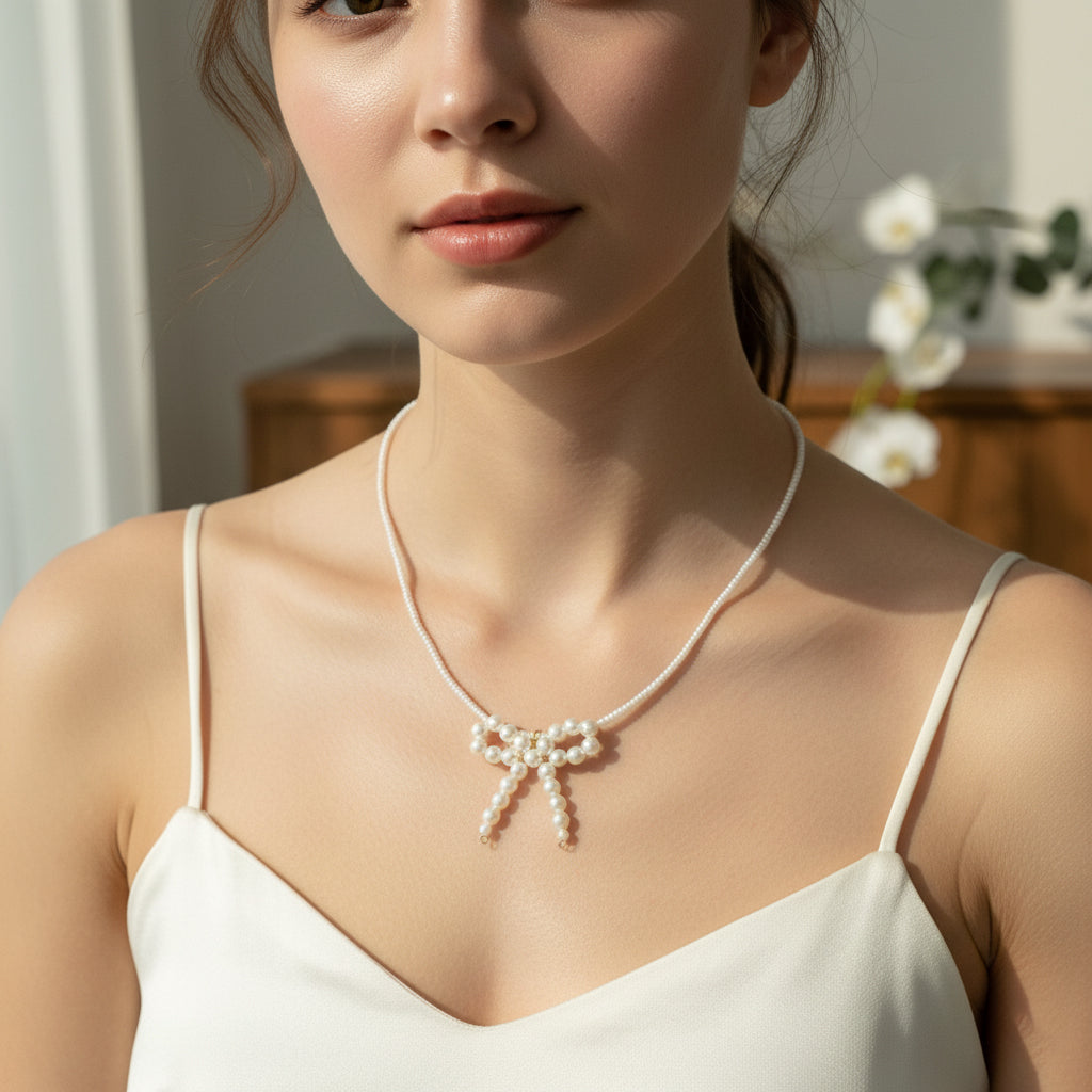 Aesthetic Korean Pearl Bow Choker | Handmade White Beaded Necklace with Anti-Tarnish Chain | Ideal Gift