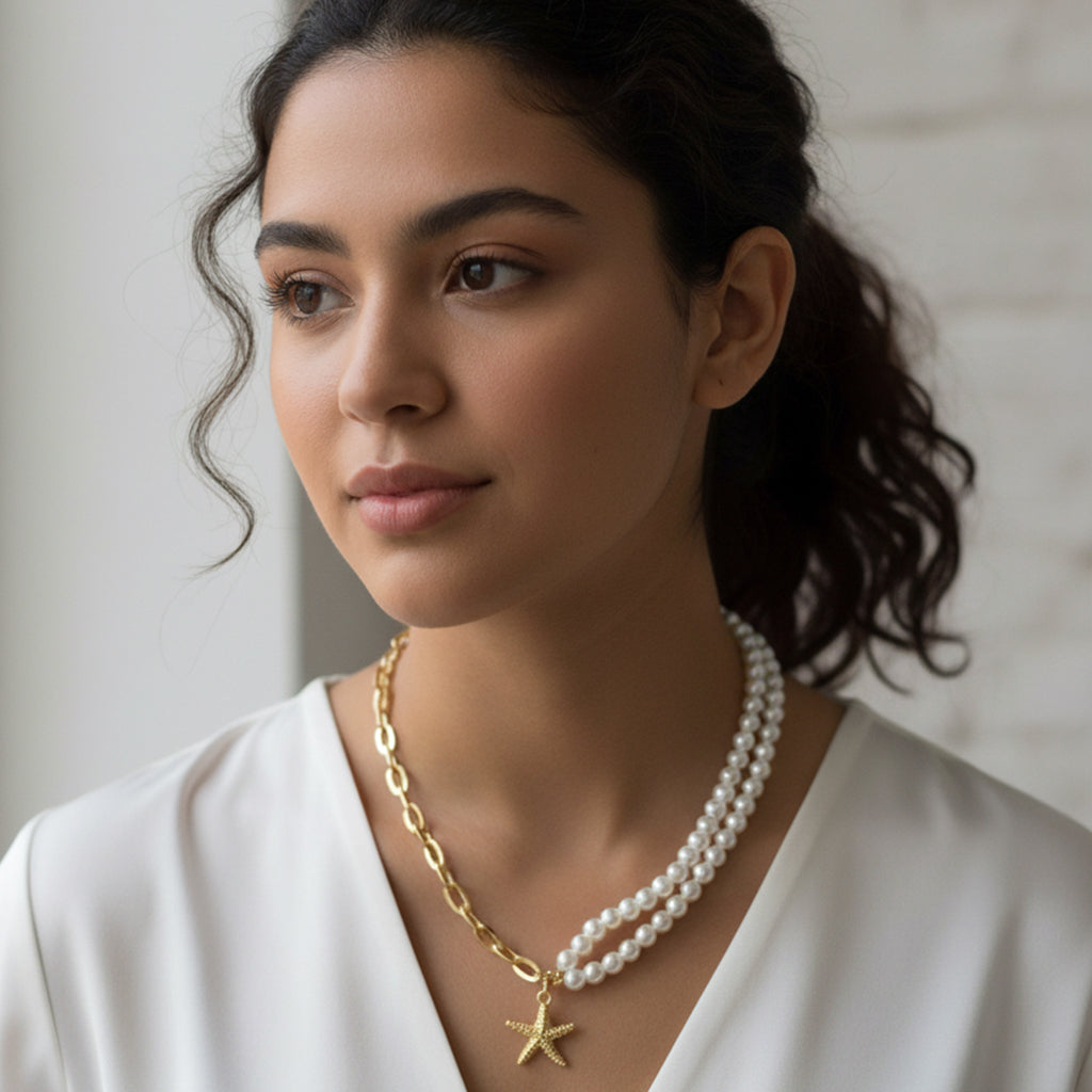 Saraura Modern Starfish Charm Pearl & Anti-Tarnish Link Chain Necklace