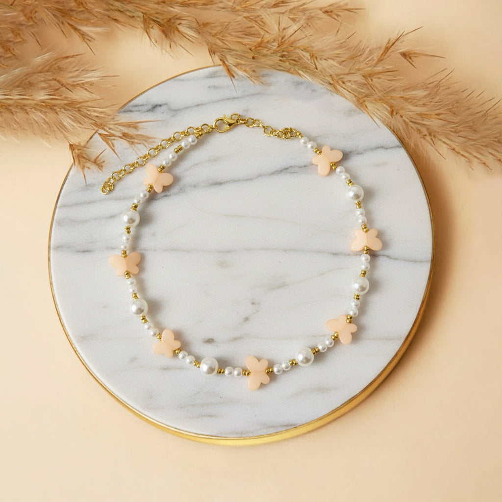 Butterfly Charm Choker | Aesthetic Handmade Pearl & Pastel Bead Necklace with Anti-Tarnish Chain | Ideal Gift