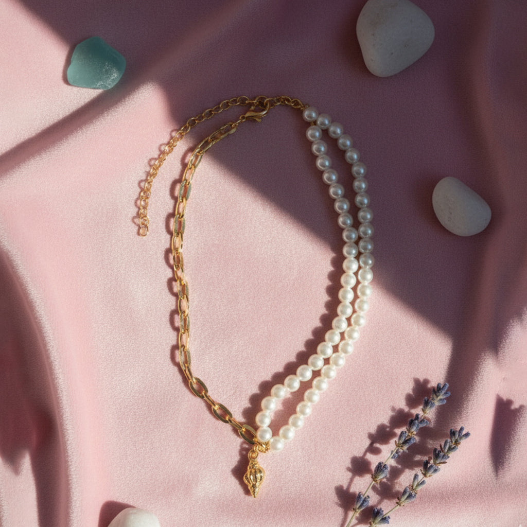 Saraura Modern Seashell Charm Anti-Tarnish Link Chain Pearl Necklace