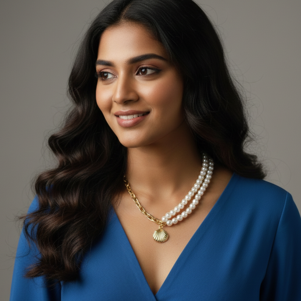 Saraura Shell Charm Pearl & Link Chain Necklace | Modern Choker