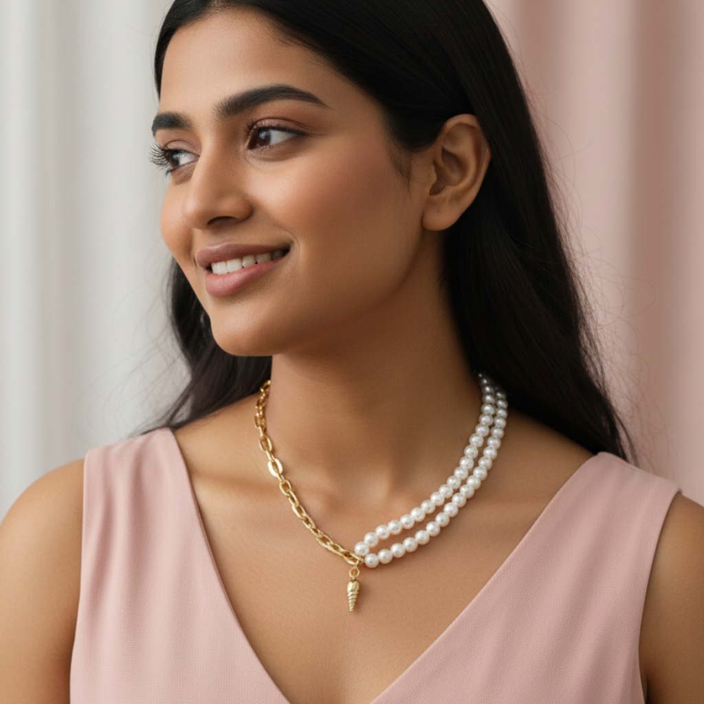 Saraura Modern Seashell Cone Charm Anti-Tarnish Link Chain Pearl Necklace