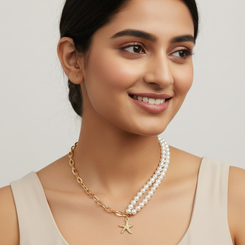 Saraura Modern Starfish Charm Pearl & Anti-Tarnish Link Chain Necklace