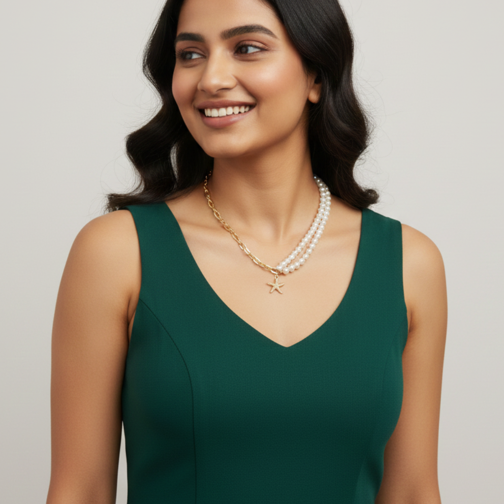 Saraura Modern Starfish Charm Pearl & Anti-Tarnish Link Chain Necklace
