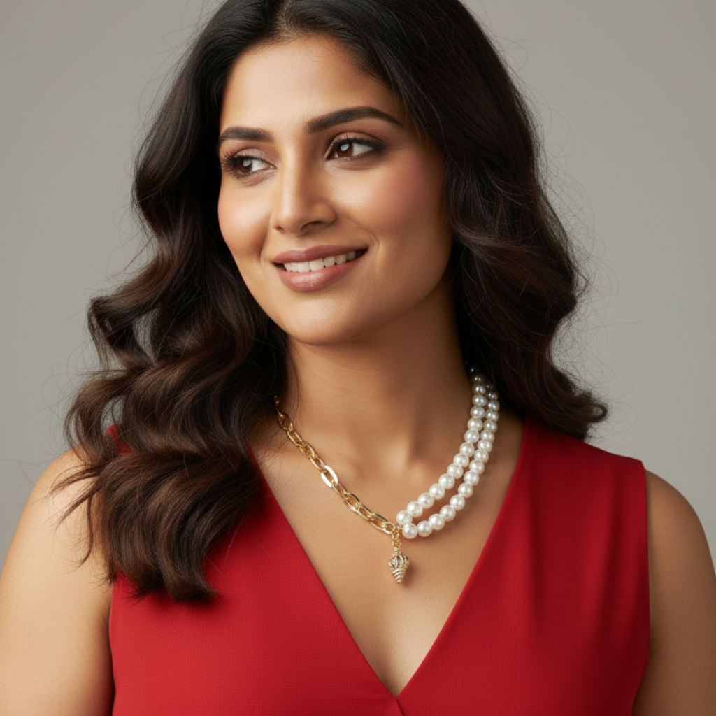 Saraura Modern Seashell Charm Anti-Tarnish Link Chain Pearl Necklace