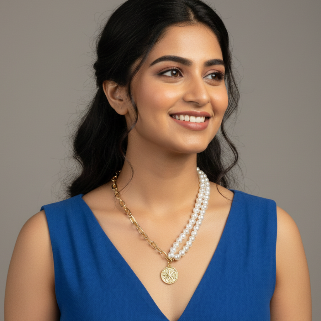 Saraura Modern Coin Charm Anti-Tarnish Link Chain Pearl Necklace