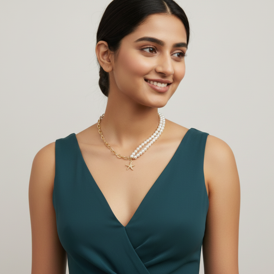 Saraura Modern Starfish Charm Pearl & Anti-Tarnish Link Chain Necklace